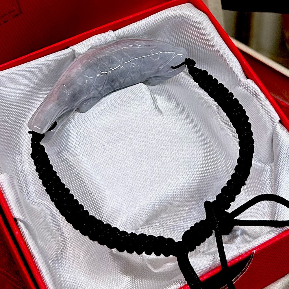 🐠 Burmese Jadeite Fish Pendant 🐟 on Black Braided Bracelet